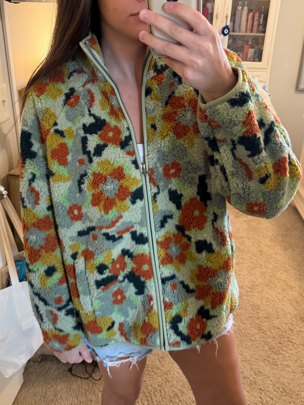 Sonoma Floral Sherpa Zip Jacket in Sage Green and Orange